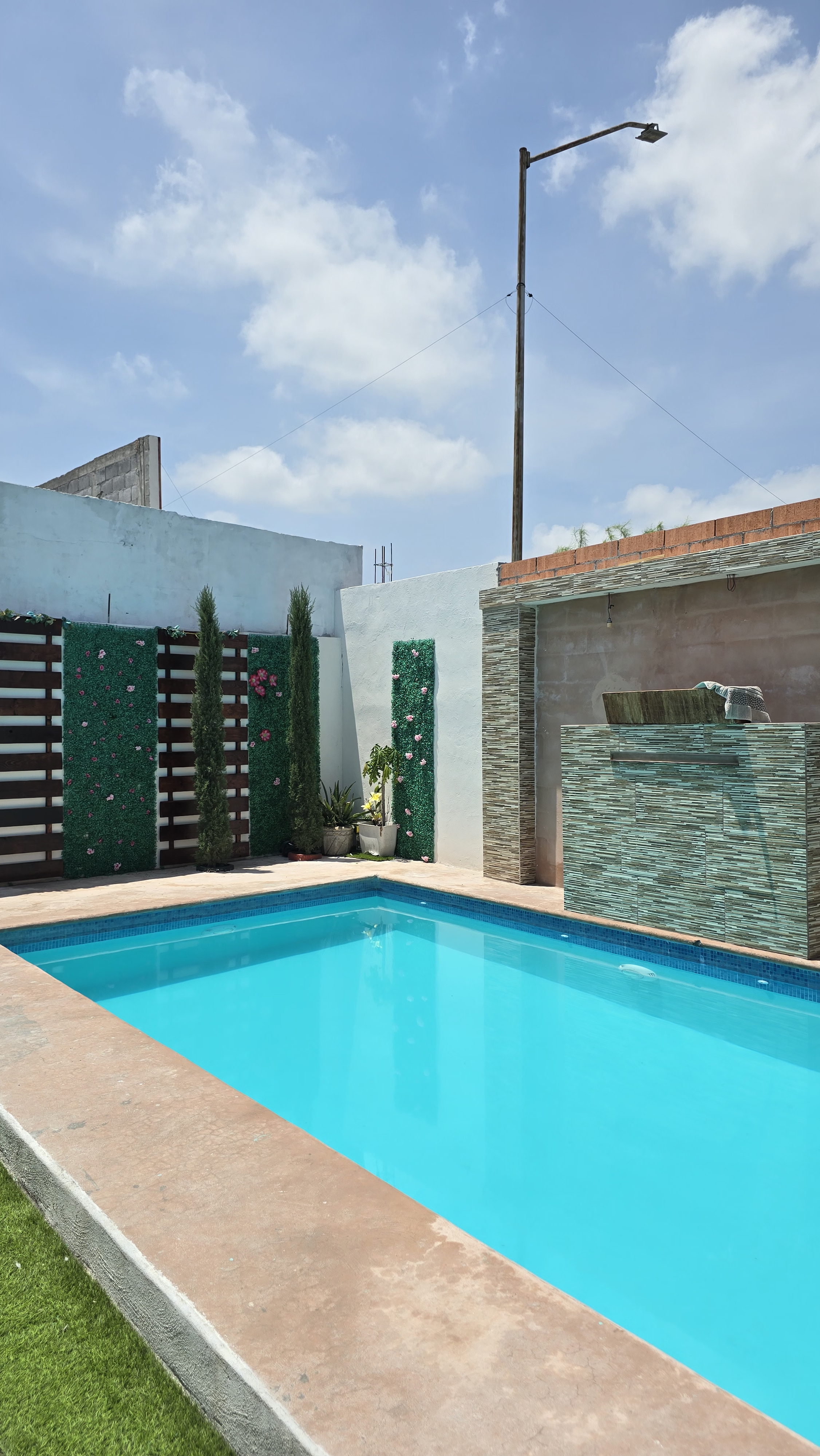 Alberca con fuente y muro verde